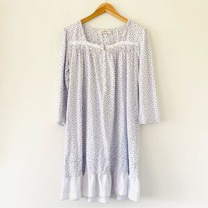 Eileen West White Floral Print Gown Ruffled Lace Ribbon Trims Cottagecore Sz M